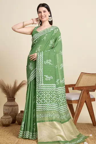 Mint green printed cotton saree with sequin weave