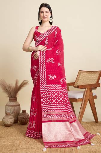 Red printed cotton saree with sequin weave