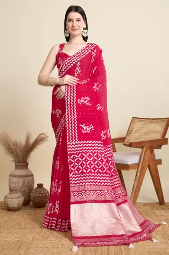 Red printed cotton saree with sequin weave
