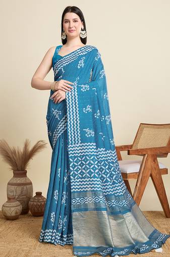 Blue printed cotton saree with sequin weave