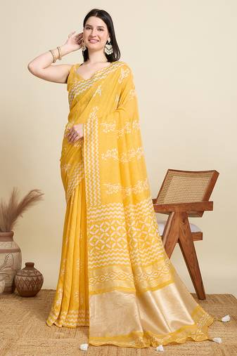 Yellow printed cotton saree with sequin weave