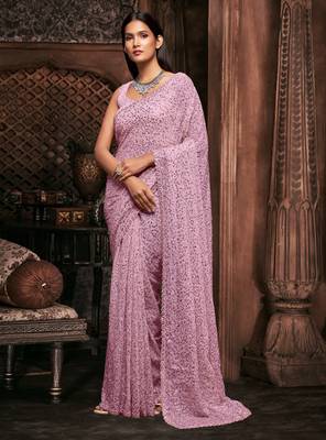 light pink georgette sequins work saree with unstitched blouse 1