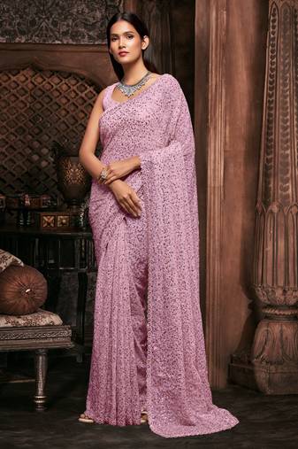 light pink georgette sequins work saree with unstitched blouse