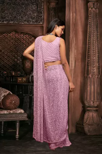 Trendmalls light pink georgette sequins work saree with unstitched blouse