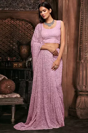 Trendmalls light pink georgette sequins work saree with unstitched blouse