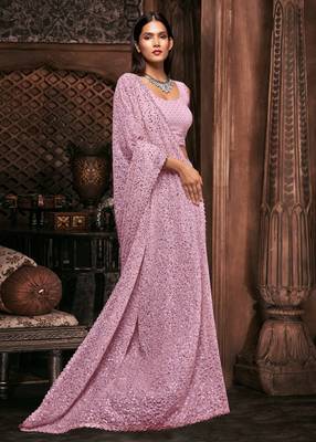 light pink georgette sequins work saree with unstitched blouse 4