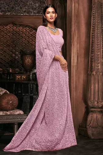 Trendmalls light pink georgette sequins work saree with unstitched blouse