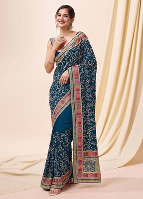 teal Vichitra silk blend embroidered swarovski work saree with unstitched blouse 1
