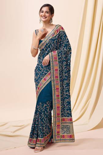 teal Vichitra silk blend embroidered swarovski work saree with unstitched blouse