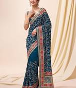 teal Vichitra silk blend embroidered swarovski work saree with unstitched blouse