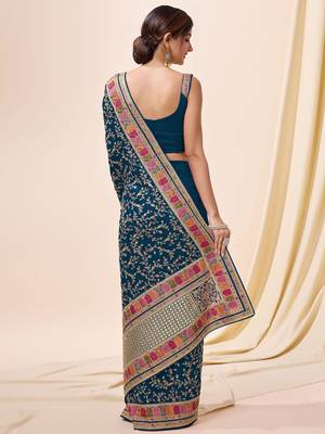 teal Vichitra silk blend embroidered swarovski work saree with unstitched blouse 2