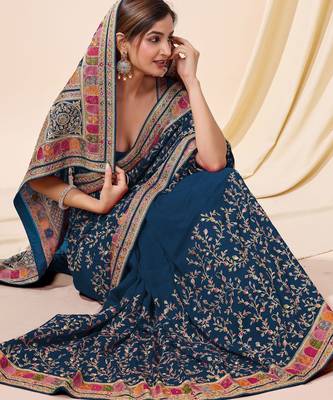 teal Vichitra silk blend embroidered swarovski work saree with unstitched blouse 3