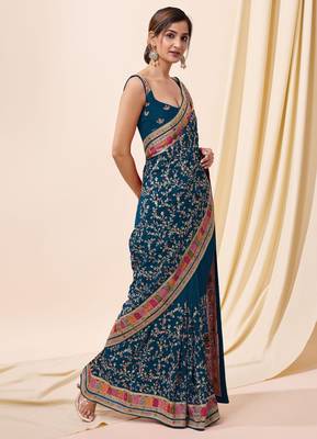 teal Vichitra silk blend embroidered swarovski work saree with unstitched blouse 5