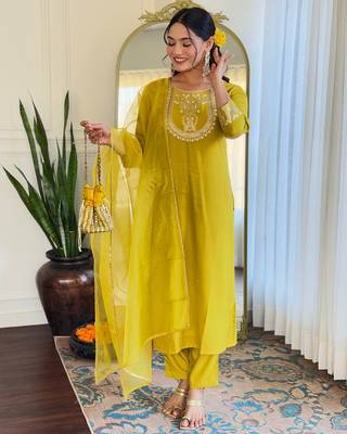 Beautiful Embroidery Work with Rayon Slub Straight Kurta Pant and Dupatta Set 1