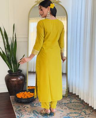 Beautiful Embroidery Work with Rayon Slub Straight Kurta Pant and Dupatta Set 2