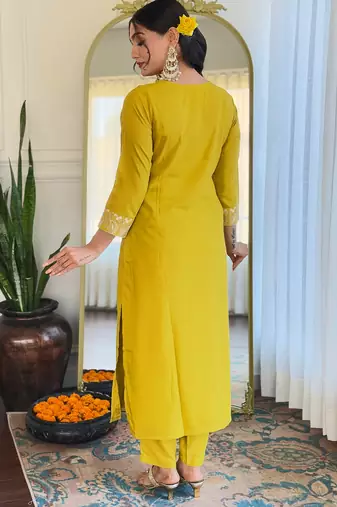 Beautiful Embroidery Work with Rayon Slub Straight Kurta Pant and Dupatta Set