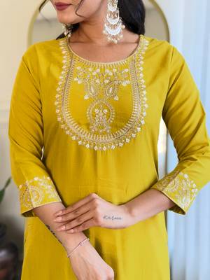 Beautiful Embroidery Work with Rayon Slub Straight Kurta Pant and Dupatta Set 4