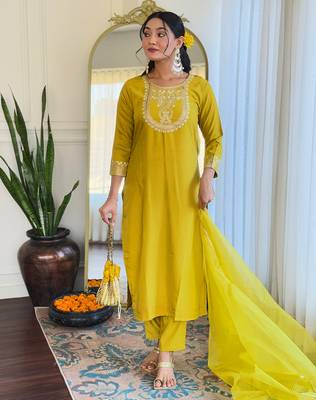 Beautiful Embroidery Work with Rayon Slub Straight Kurta Pant and Dupatta Set 5