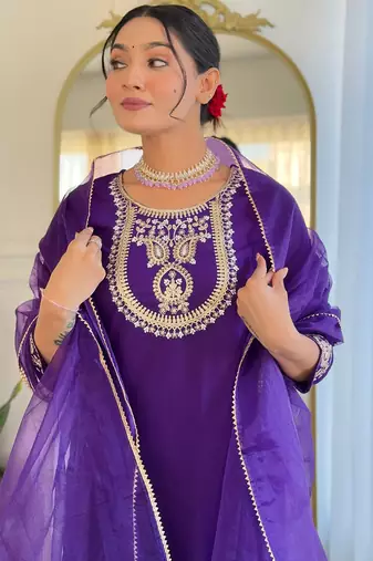 Beautiful Embroidery Work with Rayon Slub Fabric Straight Kurta Pant and Dupatta Set