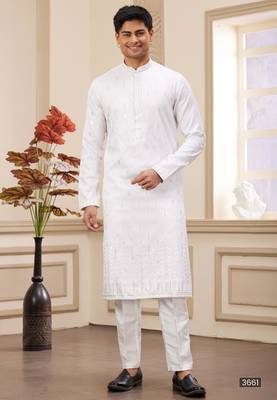 off white art silk straight kurta with computer thread work on and with lining pajama for men 1