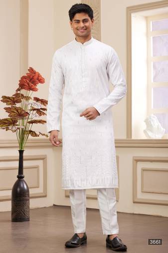 Off white art silk straight kurta with computer thread work on and with lining pajama for men