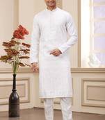 off white art silk straight kurta with computer thread work on and with lining pajama for men