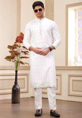 off white art silk straight kurta with computer thread work on and with lining pajama for men 2