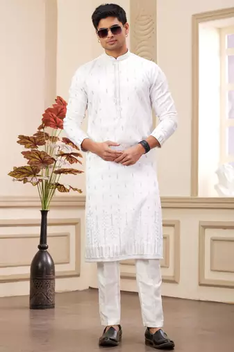 off white art silk straight kurta with computer thread work on and with lining pajama for men