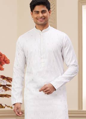 off white art silk straight kurta with computer thread work on and with lining pajama for men 3