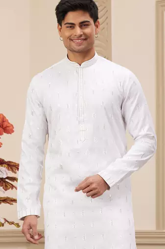 off white art silk straight kurta with computer thread work on and with lining pajama for men