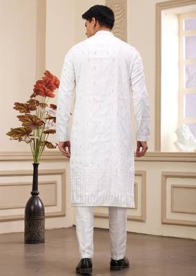off white art silk straight kurta with computer thread work on and with lining pajama for men 4