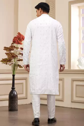 off white art silk straight kurta with computer thread work on and with lining pajama for men