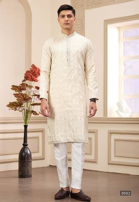 beige art silk straight kurta with computer thread work on art silk and with lining pajama for men 1