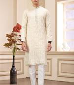 beige art silk straight kurta with computer thread work on art silk and with lining pajama for men