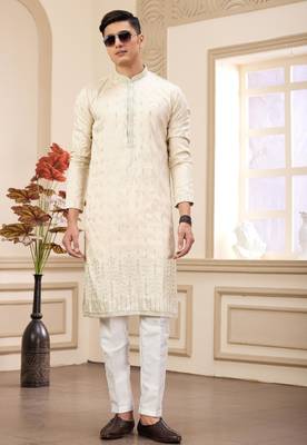 beige art silk straight kurta with computer thread work on art silk and with lining pajama for men 2