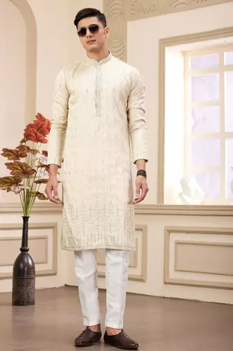 beige art silk straight kurta with computer thread work on art silk and with lining pajama for men