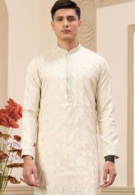 beige art silk straight kurta with computer thread work on art silk and with lining pajama for men 3