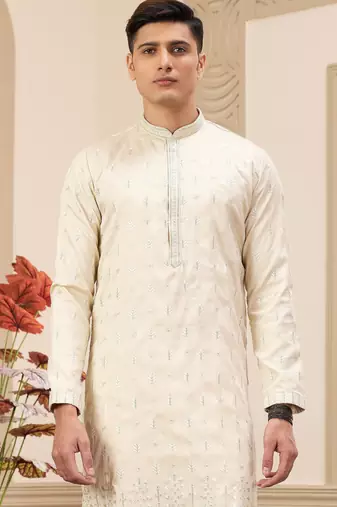 beige art silk straight kurta with computer thread work on art silk and with lining pajama for men