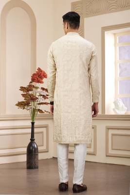 beige art silk straight kurta with computer thread work on art silk and with lining pajama for men 4