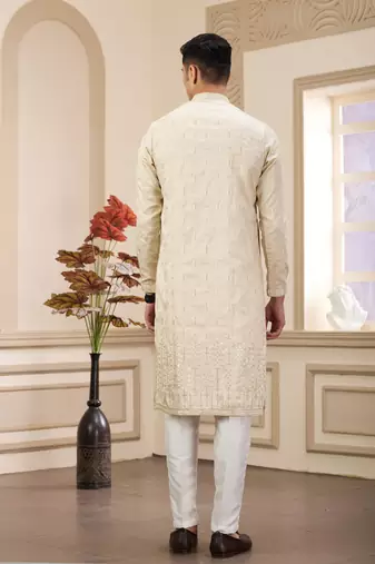 beige art silk straight kurta with computer thread work on art silk and with lining pajama for men