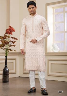 light pink art silk straight kurta with computer thread work on art silk and with lining pajama for men 1