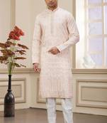 Light pink art silk straight kurta with computer thread work on art silk and with lining Pajama for men