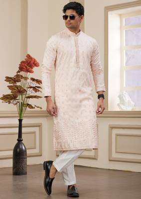 light pink art silk straight kurta with computer thread work on art silk and with lining pajama for men 2