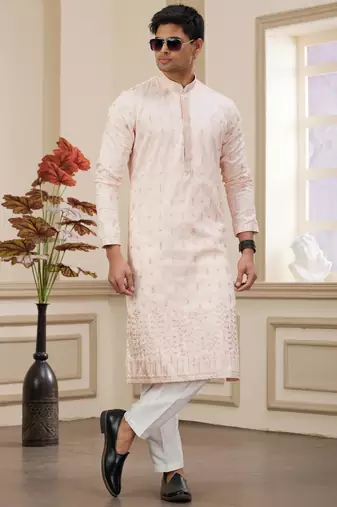 light pink art silk straight kurta with computer thread work on art silk and with lining pajama for men