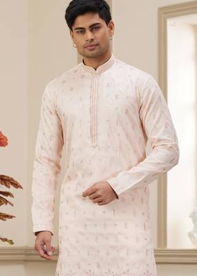light pink art silk straight kurta with computer thread work on art silk and with lining pajama for men 3