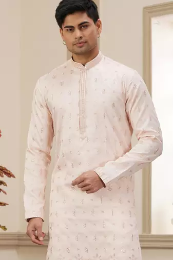 light pink art silk straight kurta with computer thread work on art silk and with lining pajama for men