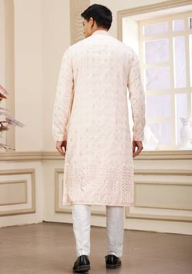 light pink art silk straight kurta with computer thread work on art silk and with lining pajama for men 4