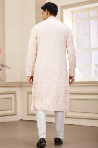 light pink art silk straight kurta with computer thread work on art silk and with lining pajama for men