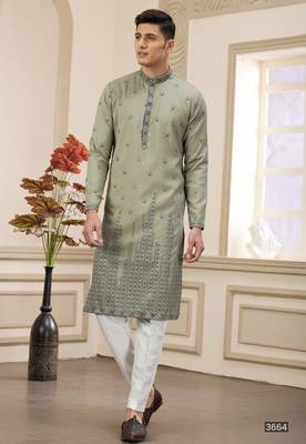 green art silk straight kurta with computer thread work on art silk and with lining pajama for men 1