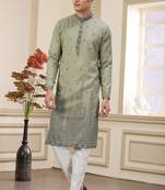 green art silk straight kurta with computer thread work on art silk and with lining pajama for men
